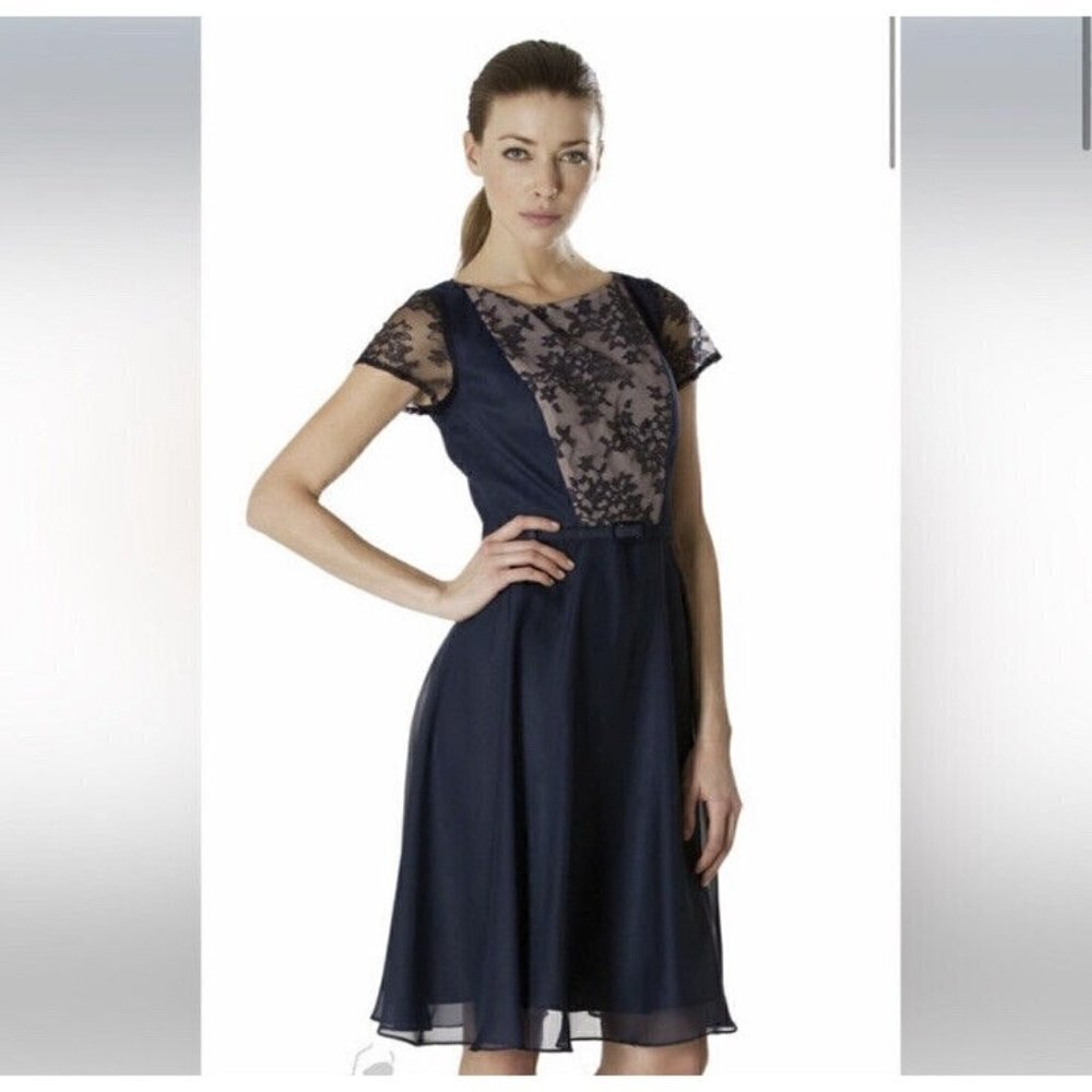 JS Collections Navy Nude Lace Belted Knee Length Formal Dress Short Sleeve Sz 6